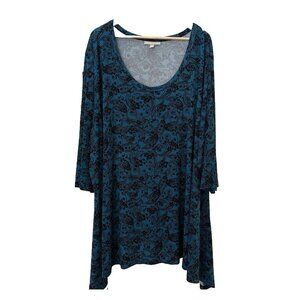 Woman Within PLUS 5X (38 / 40) Teal Pasiley Stretch 3/4 Sleeve Soft Blouse Top